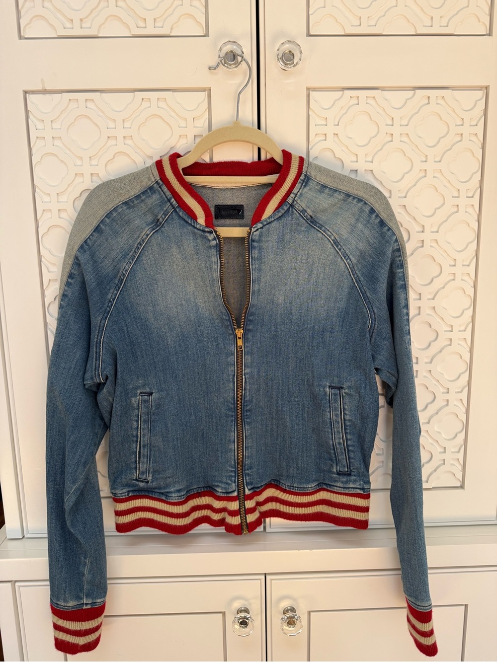 MOTHER Denim Bomber Jacket with Red & Cream Trim - Picture 3 of 6